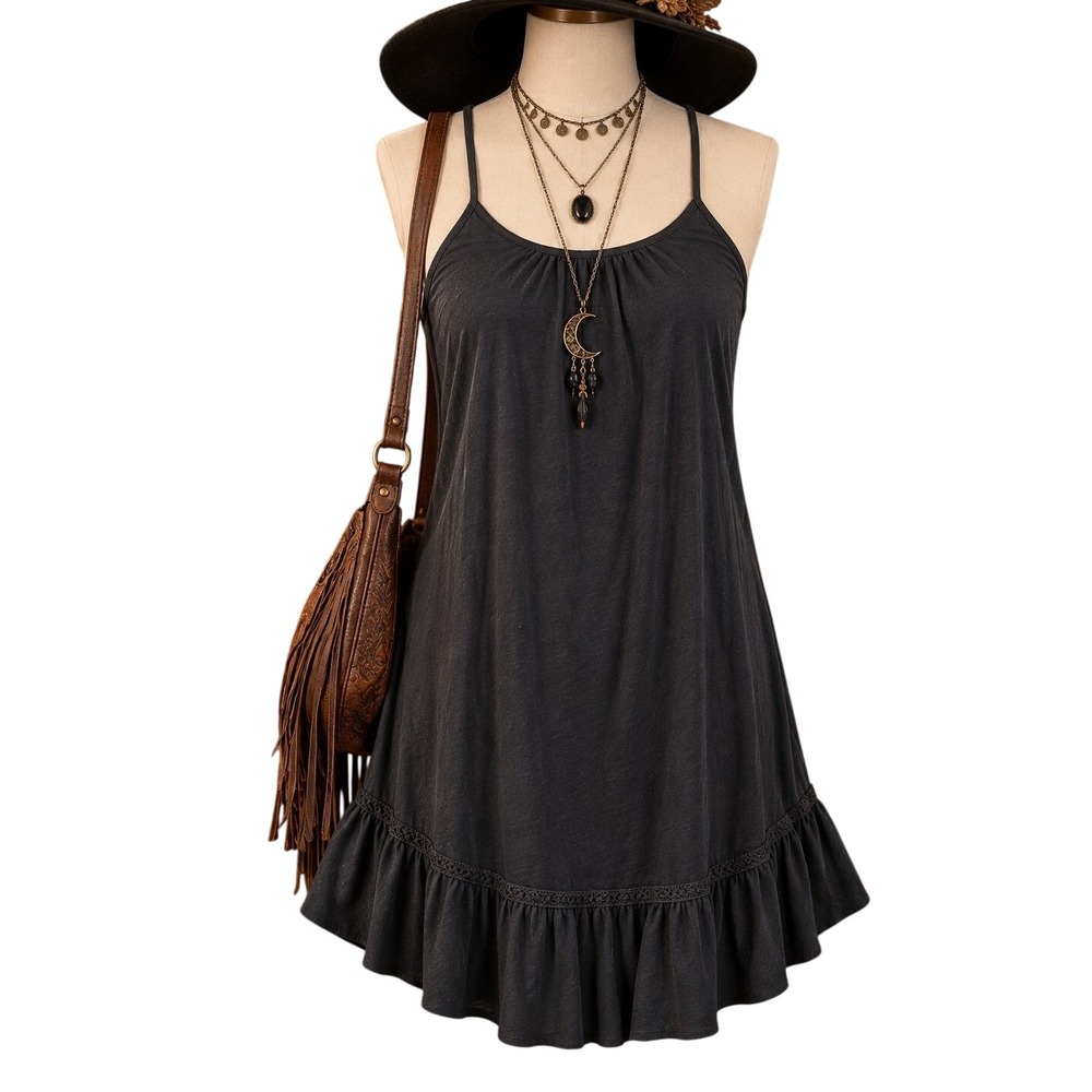 Aerie Black Ruffle Hem Mini Dress Small Boho Crochet Trim Strappy Babydoll Goth